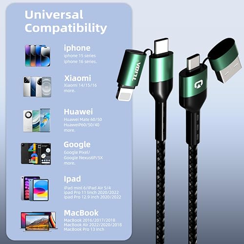 USB C for iPhone Cable, 66W 4 in 1 Charging Cable 4.4FT, Chubby USB A/C to C/liging with Light for iPhone 16e 16 15 14 Pro/MacBook/iPad/Samsung S25/Switch 2, Multi Chargers for All Devices – Enhanced Compatibility and Speed