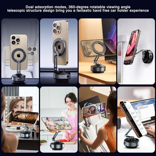 【Upgrade】 Electric Vacuum Magnetic Phone Holder for Car, 360° Rotating Electric Vacuum Magnetic Car Phone Mount for iPhone 16/15/14/13/12 for Shower/Car/Mirror/Smooth Surfaces – Enhanced Compatibility and Speed