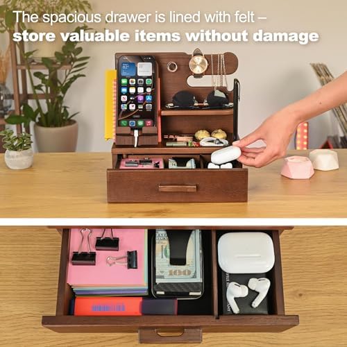 TESLYAR Wood Phone Docking Station with Drawer – Nightstand Organizer – Desk Organizer for Husband – Birthday Gifts for Men, Dad, Anniversary Idea, Key Holder Stand Watch & Accessories (Bourbon Brown) – Enhanced Compatibility and Speed
