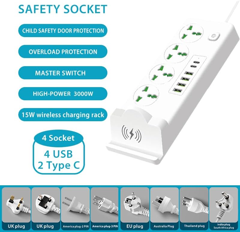 Universal Power Socket with Wireless Charging Pad – Multi-Device Desktop Charging Station Featuring 4 AC Outlets, 4 USB Ports & 2 Type-C Ports, Fire-Resistant Design for Enhanced Safety – Ideal for Home, Office, and Travel Use