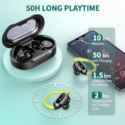 Rolosar Bluetooth 5.4 Sport-Optimized Wireless Earbuds – IP7 Waterproof with Advanced ENC Noise Cancellation, Ergonomic Earhooks for Ultimate Comfort, Dual LED Battery Indicator, 50-Hour Playback – Ideal for Running, Fitness, and Everyday Use