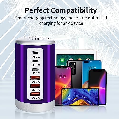 Power Up in Style: Universal 6-Port USB Charging Hub with Smart Identification Technology for i Phone, i Pad, and More – Compact, Fast Charging Station in Elegant Purple Finish for Home and Office Use