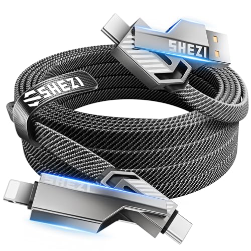 Experience Ultimate Flexibility with SHEZI 4-in-1 Long USB C Cable – 10 FT Fast Charging & Data Sync Cord, MFI Certified for i Phone/i Pad, Multi-Port Compatibility (Lightning, USB C, USB A), Enhanced Durability & Tangle-Free Braided Design for Effortless Connectivity and Seamless Power Delivery