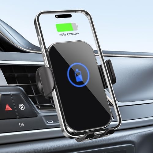 Rapid Charge 15 W Wireless Car Charger Mount – Auto-Clamping Smartphone Holder for i Phone 16/15/14/13/12 & Samsung S24/S23/S22/S21 – Qi-Certified with Adjustable Vent Compatibility – Effortless One-Hand Operation in Sleek Black Design – Ultimate Convenience for Modern Drivers