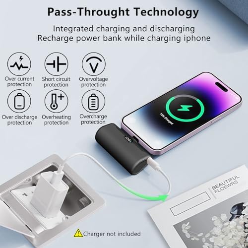LUCKYDUO Ultra-Compact 5000 m Ah Portable Power Bank with Built-In Phone Holder & LED Light for i Phone – Essential Travel Charger with LCD Battery Indicator, Compatible with i Phone 14/13/12/11/XR/SE/8/7 Pro Max – Stay Charged Anywhere