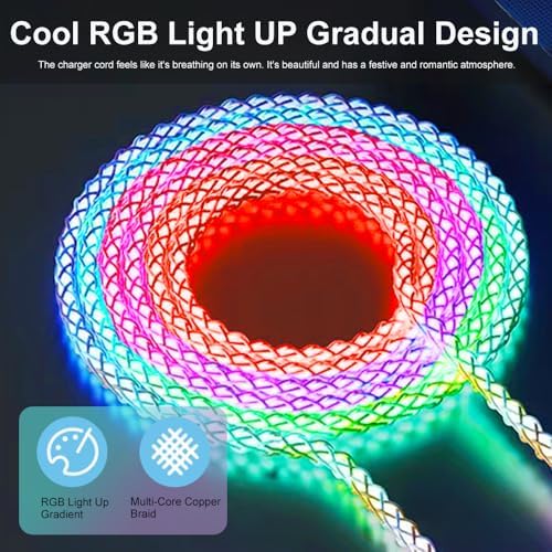 RGB LED Lightning Charger Cable for i Phone – 4.9 ft MFi Certified Fast Charging Data Cord with Unique Color Gradual Light-Up Feature for i Phone 14/13/12/11 Pro Max/XR/XS/X/8/7/6 Plus/SE & i Pad – Durable, Stylish, and Efficient Charging Solution