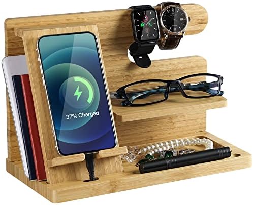 Premium Bamboo Multi-Device Charging Dock: AICase Elegant Wooden Nightstand Organizer for Smartphones, Tablets & Smartwatches – Stylish & Durable Solution Ideal for Home and Office Decluttering