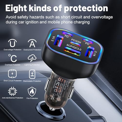 Ultimate 6-Port USB-C Car Charger with PD30 W Fast Charging: Versatile 12 V/24 V Adapter for i Phone 16/15/14/13/12/11 Pro Max, Samsung, Huawei, Xiaomi & More – Seamless Compatibility & Superior Speed for On-the-Go Charging