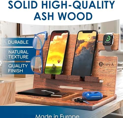 Sleek Premium Wooden Dual Device Docking Station | Stylish Nightstand Organizer for Smartphones, Tablets & Smartwatches | Fast Charging with Universal Device Compatibility | Ideal Gift for Men | Enhance Bedroom Decor & Reduce Clutter