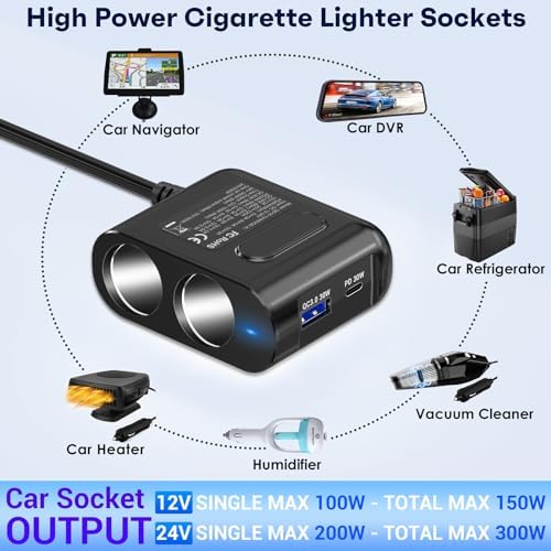 Dual Socket 12 V Car Cigarette Lighter Splitter with PD 65 W Fast Charging Port – 300 W Multi-Port USB Charger and Voltage Monitor for Enhanced Device Compatibility and Safety Features – Perfect for Road Trips and Daily Commuting
