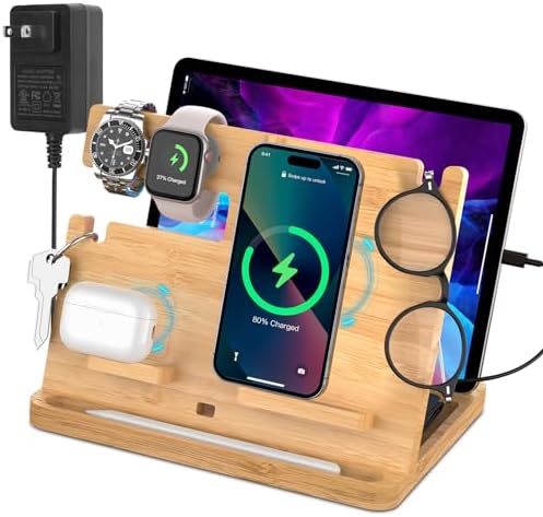 Eco-Friendly Bamboo Multi-Device Wireless Charging Station for i Phone, i Pad & Air Pods – Fast, Sleek, and Versatile Charger Stand for All i Phone Models 14/13/12/11 Pro Max/X/Xs Max/8, Air Pods Pro, & i Watch Series SE, 2-8 – Enhance Your Workspace with Sustainable Power Solutions Eco-Friendly Bamboo Multi-Device Wireless Charging Station for i Phone, i Pad & Air Pods – Fast, Sleek, and Versatile Charger Stand for All i Phone Models 14/13/12/11 Pro Max/X/Xs Max/8, Air Pods Pro, & i Watch Series SE, 2-8 – Enhance Your Workspace with Sustainable Power Solutions
