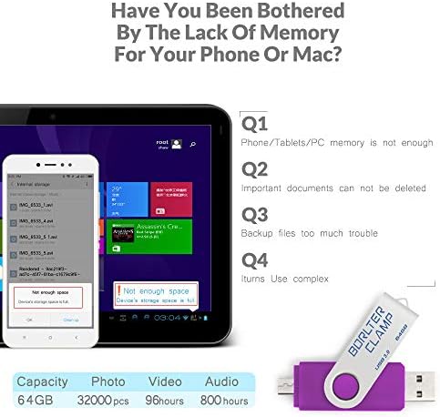 Borlter Clamp 128 GB USB 3.0 Flash Drive – Dual Port OTG Memory Stick with Micro USB for Android Devices & PCs, High-Speed Data Transfer & Portable Swivel Design, Ideal for Photos, Videos & Documents Storage
