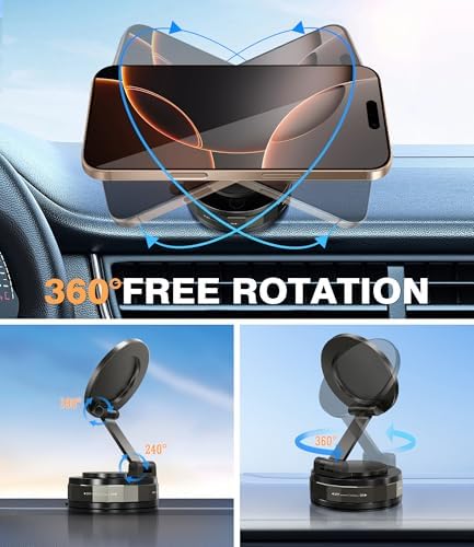 Phone Holder for Car Suction Cup Phone Mount Mag safe 360° Rotatable Lock[89+LBS Strongest Suction 2800gf Magnetic]Foldable Vacuum Magnetic Phone Stand Car Mount for All Smartphone/Gym/Bathroom Mirror – Enhanced Compatibility and Speed