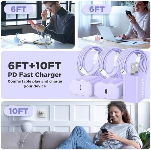 Rapid Charge 3-Pack USB-C Fast Charger Kit for i Phone 15 & 16 Pro Max – 20 W Power Blocks with Robust 6 ft & 10 ft Braided Cables – Ultra-Fast Charging Solution for i Pad Pro 13/12.9 – Sleek, Portable Wall Charger for Everyday Convenience
