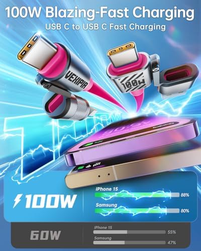 Ultimate 240 W SHEZI 4-in-1 USB C Charging Cable: Fast Charging & 480 Mbps Data Sync, Multi-Device Compatibility with L-Type, Type C, USB A Ports – 5 ft Stylish Pink Design for Enhanced Performance and Portability