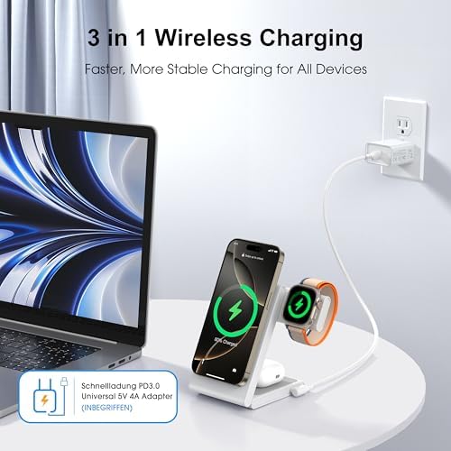 Ultimate 3-in-1 Magnetic Wireless Charging Station – High-Speed 20 W Foldable Charger for i Phone 12-16 Series, Apple Watch 10/Ultra 2, and Air Pods 4 – Portable Travel-Friendly Design with Adapter for Seamless Power Solutions