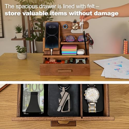 TESLYAR Wood Phone Docking Station with Drawer – Nightstand Organizer – Desk Organizer for Husband – Birthday Gifts for Men, Dad, Anniversary Idea, Key Holder Stand Watch & Accessories (Bourbon Brown) – Enhanced Compatibility and Speed