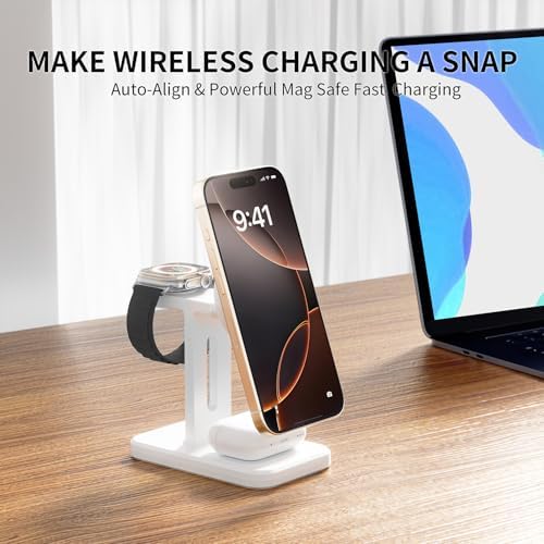 Ultimate 3-in-1 Fast Wireless Charging Station for Magsafe Apple Devices – Sleek Aluminum Charger with Adapter for i Phone 16/15/Pro/Pro Max/14/13/12, Apple Watch & Air Pods – Premium Magnetic Stand for Enhanced Speed and Style