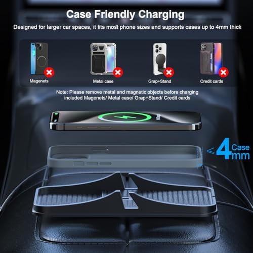 Large Fast Wireless Car Charging Pad by REESTECQI – 15 W Qi-Compatible Charger for i Phone 16 Pro Max, Samsung Galaxy, and Google Pixel with Anti-Slip Design and 1 Meter USB-C Cable – Effortless Charging on the Go and Case-Friendly Functionality. Experience high-speed charging efficiency with our spacious 7.13″ x 4.06″ pad that accommodates larger devices while ensuring they stay securely in place during travel. Featuring advanced safety measures including over-temperature and over-voltage protection, this multifunctional charging solution doubles as a phone stand, enhancing your navigation and video viewing experience. Perfect for busy lifestyles, this innovative charger is compatible with a variety of smartphones and supports cases up to 4 mm thick, making it a versatile addition to your car, home, or office. Optimize your charging experience with REESTECQI’s reliable and efficient design.