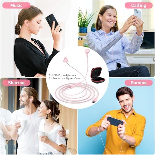 Elevate Your Audio Experience with Pink USB-C Wired Earbuds – Hi-Fi Stereo Sound with Built-in Microphone, Volume Control & Tangle-Free Magnetic Design for i Phone 16/15 Plus & Android Devices – Ideal for Calls, Music, and Podcasts