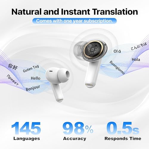 Bluetooth 5.4 Wireless Noise Cancelling Earbuds with Real-Time Multi-Language Translation – High-Fidelity Sound and Deep Bass for Travelers and Audiophiles – Stylish Black Ergonomic Design for Ultimate Comfort and Versatility