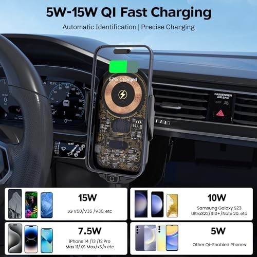 Experience Effortless Charging with the Auto-Clamping Wireless Car Charger and Phone Holder – 15 W Qi Fast Charging for i Phones and Galaxy Devices, Perfect for Navigation and Hands-Free Use – Sleek Design and Enhanced Compatibility for All Smartphones