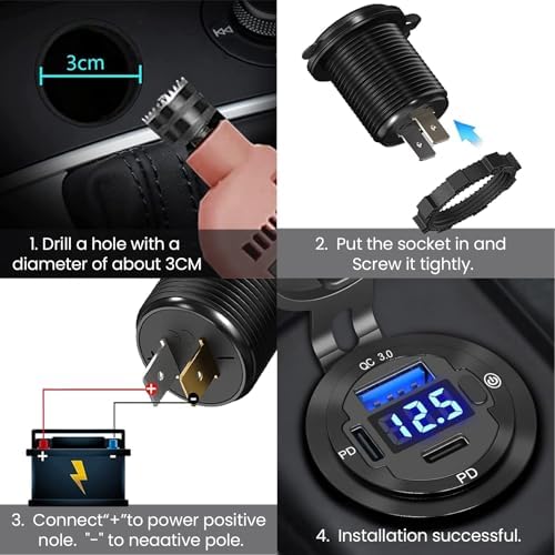 Versatile 12 V USB Car Socket with 3 Ports – Waterproof Marine-Grade Aluminum Quick Charge Adapter for Cars, Boats, RVs, and More (2 QC + 1 PD) – Efficient Multi-Device Charging Solution for On-the-Go Power Needs