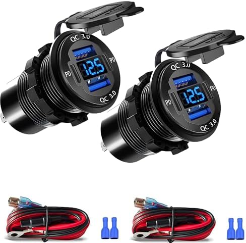 Enhanced 12 V Multi-Port USB Charger – Durable Aluminum Alloy Car Outlet with Integrated LED Voltmeter for Fast Charging in Cars, RVs, Boats, Trucks, and Motorcycles (Dual Pack) – Optimal Device Compatibility and Reliability for On-the-Go Power