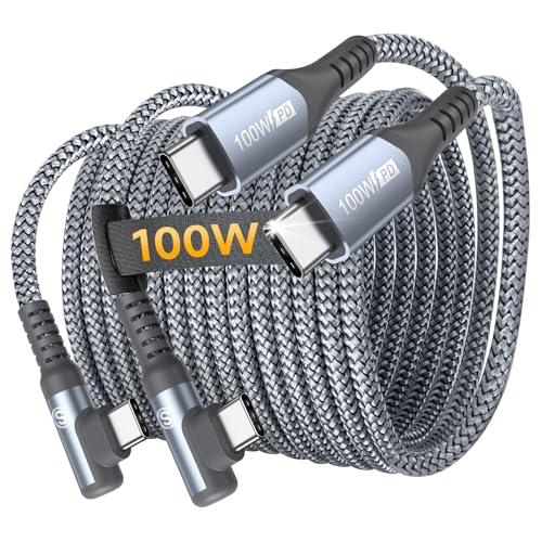 Ultimate 10 FT Right Angle USB-C to USB-C Cable (2-Pack) – 100 W Power Delivery for Fast Charging i Phone 16, Mac Book & Galaxy – Durable Tangle-Free Nylon Braided Design for Tight Spaces – Enhanced Flexibility for All Your Devices