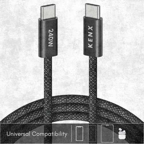 KENX USB-C 240 W Fast Charging Cable – PD 3.1 Certified, 6.6 ft Durable Nylon Braided Design for Rapid Charging & Data Transfer – Compatible with Mac Book, i Phone 15/16 Pro, Steam Deck, Android, Dell & Lenovo – Ultimate Versatility & Reliability