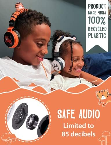 Furry Tiger Eco-Friendly Kids Headphones with Built-in Microphone – Volume-Limiting Design for Safe Listening, Superior HD Sound Quality, and Travel-Friendly Foldable Structure Perfect for i Pad and Laptop Compatibility