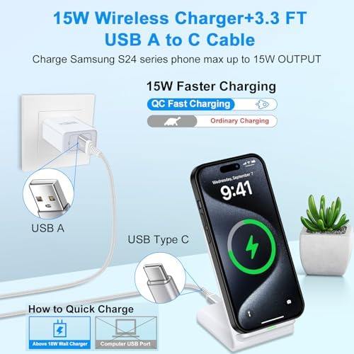 Dual 15 W Fast Wireless Charger Stand for Samsung Galaxy S25/S24 & i Phone 15 – 2-Pack Cordless Charging Dock with Enhanced Compatibility for Android Devices – Sleek Design for Home and Office Use
