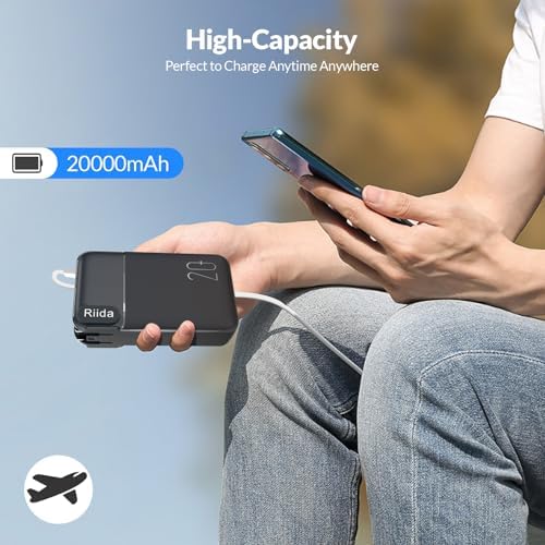 High-Capacity 20000 m Ah Portable Charger with Built-in Cables & Fast 22.5 W Charging – Multi-Device Travel Power Bank with LED Display, 4 Outputs for i Phone 16/15/14/13, Samsung, Android, i Pad – Ultimate Convenience in Sleek Black