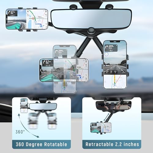 Universal Rear View Mirror Phone Holder: 360° Rotatable & Retractable Car Mount for i Phone 15/14/13/12/11 Pro Max & Samsung Smartphones – Ultimate Hands-Free Driving Solution for Enhanced Safety and Accessibility