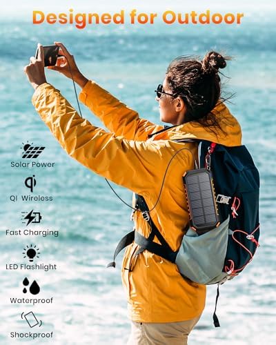 26800 m Ah Riapow Solar Power Bank – High-Capacity Wireless Portable Charger with USB C PD & QC3.0 Fast Charging – 4 Output Ports for Simultaneous Device Charging – Dual Flashlights for Camping & Emergency Use – Ultimate Outdoor Power Solution