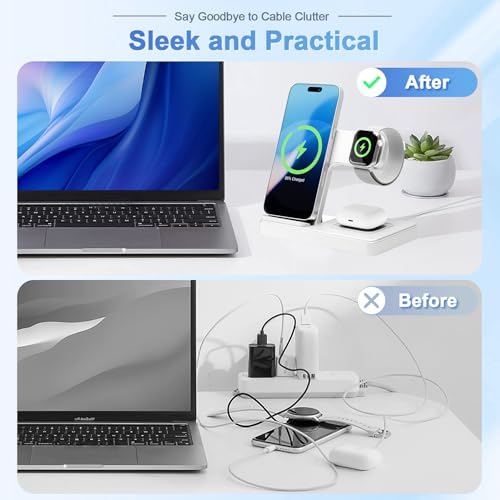 Portable 3-in-1 Wireless Charging Station: Qi Fast Charger Stand for i Phone 12-16 Pro Max, Apple Watch Series 10-2, Ultra & SE, Air Pods Pro 2-4 – Foldable Travel Design for Effortless Charging & Stylish Organization (White)