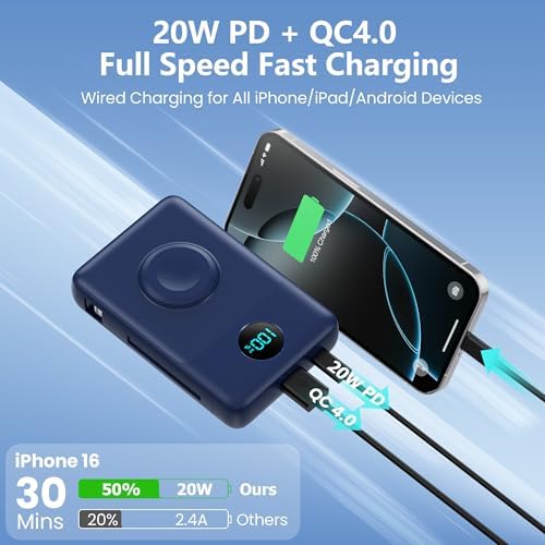 Magnetic Portable Charger 10800 m Ah – 6-in-1 Wireless Power Bank with Built-in Cables for i Phone & Apple Watch – 20 W PD Fast Charging Battery Pack in Stylish Blue – Ultimate On-the-Go Charging Solution with Enhanced Compatibility and Secure Magnetic Connection