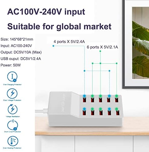 Max Lax 10-Port USB Fast Charging Hub with Smart IC Technology – 50 W/10 A Multi-Device Power Station for Rapid Charging of Smartphones, Tablets, and More – Compact & Safe Charging Solution for Home and Office Efficiency