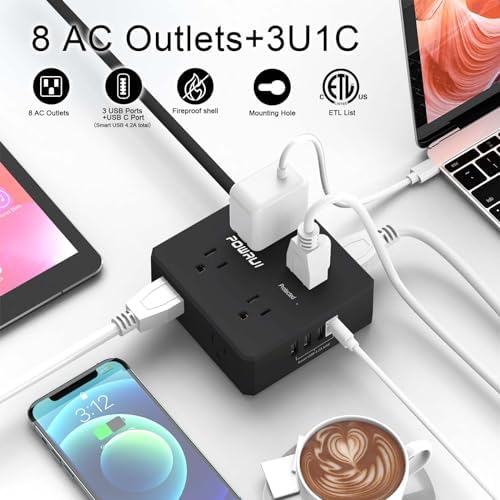 Maximize Your Power Management with a 6 Ft Surge Protector Power Strip – 8 Outlet Extension Cord Featuring 4 Fast USB Charging Ports (1 USB-C), Ideal for Home Office Convenience and Safety, ETL Listed for Enhanced Surge Protection and Compatibility