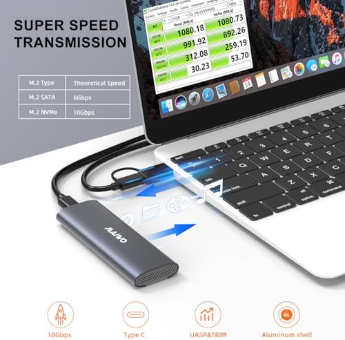 MAIWO 10 Gbps M.2 SSD Enclosure – Versatile Tool-Free USB C/USB A Aluminum Case for NVMe & SATA Drives – Optimized for 2230/2242/2260/2280 M-Key/(B+M) Key – Enhanced Durability & Rapid Data Transfer Solutions with 17.71-Inch Cable – Perfect for On-the-Go Storage Expansion
