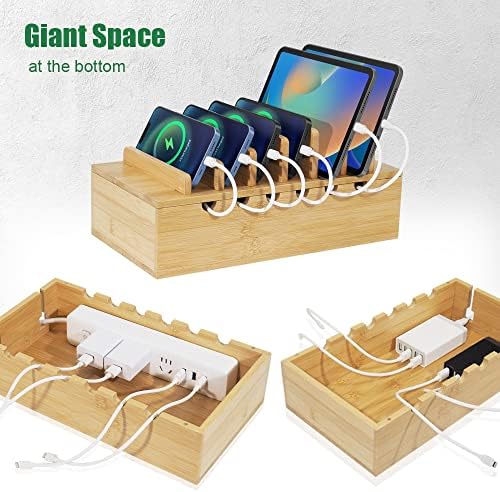 Eco-Friendly Bamboo Multi-Device Charging Station – Stylish Desk Organizer with 6 Premium Cables for i Phone & More – Efficient Quick Charge Hub for a Clutter-Free Workspace
