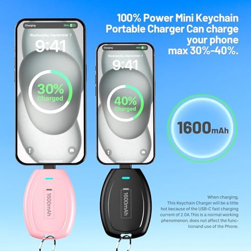 Compact Keychain Power Bank Duo: 1600 m Ah Emergency Charger for i Phone 8, 11, 12, 14 & Air Pods – Ultra-Portable Mini External Battery Pack in Stylish Blue & Pink – Fast Charging & Enhanced Compatibility for On-the-Go Power Solutions