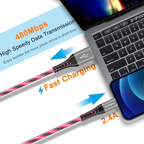 Vibrant LED Lightning Charging Cable for i Phone – MFi Certified 6 FT Fast Charge USB Cord with Dynamic RGB Light-Up Feature for Enhanced Compatibility and Performance with i Phone 14, 13, 12, 11 Pro Max, XR, X, SE, 8 Plus, i Pad, and i Pod – Durable and Stylish Tech Accessory for Home and On-the-Go Charging