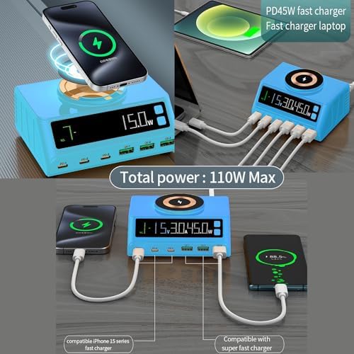 Max Lax 110 W Blue Fast USB Charging Hub – 6-Port Power Station with 3 USB & 3 PD Ports, Digital Display for Rapid Multi-Device Charging of Laptops, Phones & Tablets – Ultimate Efficiency & Safety Features for Tech Enthusiasts