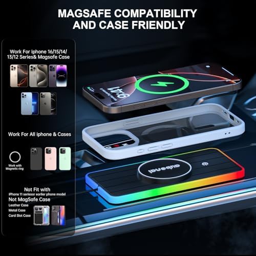Aubenai 15 W Magnetic Wireless Car Charger Pad with RGB Lighting – Fast, Non-Slip Charging Mat Compatible with Mag Safe i Phone 16/15/14/13/12, Includes 70 cm USB-A Extension Cable for Enhanced Compatibility and Installation Flexibility