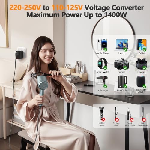 Universal Travel Adapter & 20 W Voltage Converter for Global Journeys – 220 V to 110 V with Dual USB-A and USB-C Fast Charging Ports – Essential Travel Accessory for Spain, Italy, Brazil, Chile, and Iceland (Sleek Black) – Compact, Lightweight, and Versatile Design for Effortless Portability and Device Compatibility