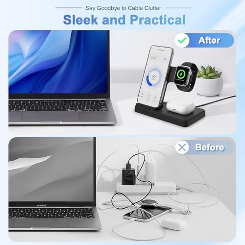 Portable 3-in-1 Wireless Charging Station: Qi Fast Charger Stand for i Phone 12-16 Pro Max, Apple Watch Series 10-2, Ultra & SE, Air Pods Pro 2-4 – Foldable Travel Design for Effortless Charging & Stylish Organization (White)