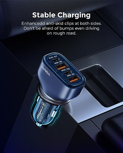 Experience Rapid Roadside Charging with SUNDA 120 W USB C Fast Car Charger – 4-Port Adapter Featuring Dual Type C PD60 W/PPS60 W for i Phone 16/15 Pro/Max/14 & Samsung Galaxy S24, Plus Dual USB-A 30 W QC3.0 for All Android Devices – Compact, Durable, and Universally Compatible for Effortless Multi-Device Charging on the Go