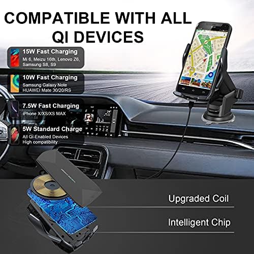 15 W Qi Wireless Car Charger Mount with Auto-Clamping Feature – Versatile Phone Holder for i Phone & Samsung, Long Arm Suction Cup for Dashboard, Windshield, and Air Vent – Effortless Hands-Free Charging for Ultimate Convenience