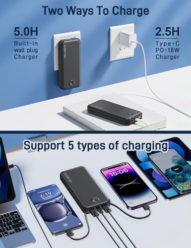 Ultra-Fast Charging Portable Power Bank with Built-In Cable and AC Plug – 12,000 m Ah USB C Travel Charger for i Phone and Android Devices – Lightweight, Compact Design for On-the-Go Power Solutions